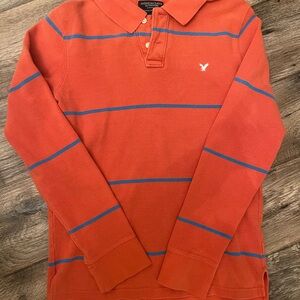 Vintage American Eagle Outfitters Men's Small Orange/Blue Polo Long Sleeve Shirt